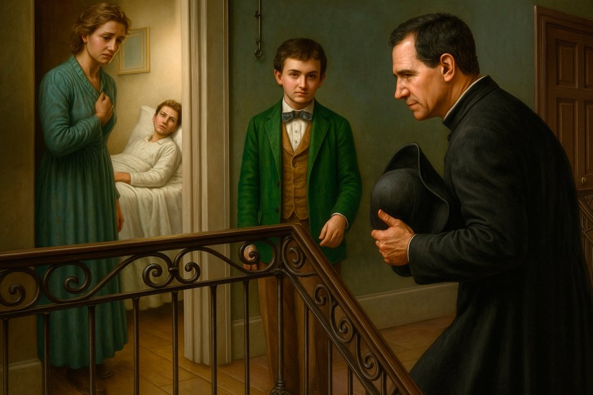 Domingo guía a Don Bosco ante una enferma de cólera y un&nbsp;moribundo