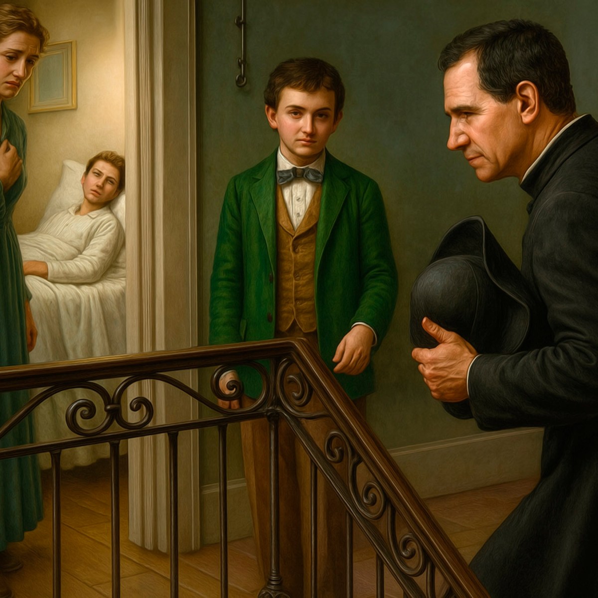 Domingo guía a Don Bosco ante una enferma de cólera y un&nbsp;moribundo