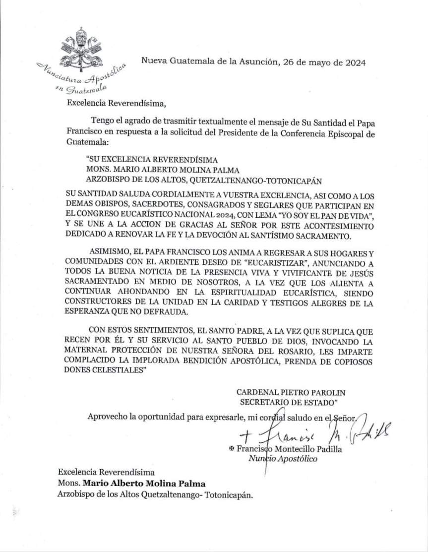 Mensaje del Papa Francisco con motivo del Congreso Eucarístico Nacional&nbsp;2024